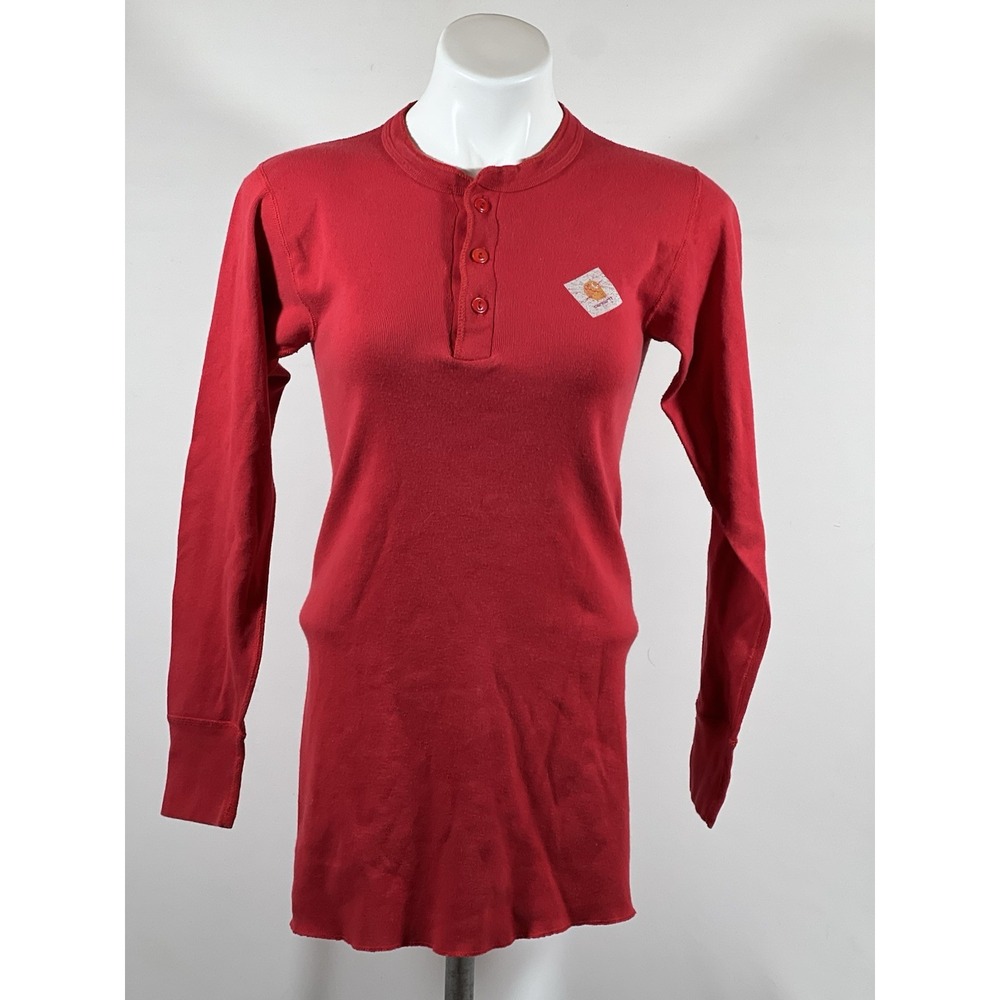 Carhartt Men's Henley Shirt Red Ribbed Cotton 1/4 Button Pullover Size M